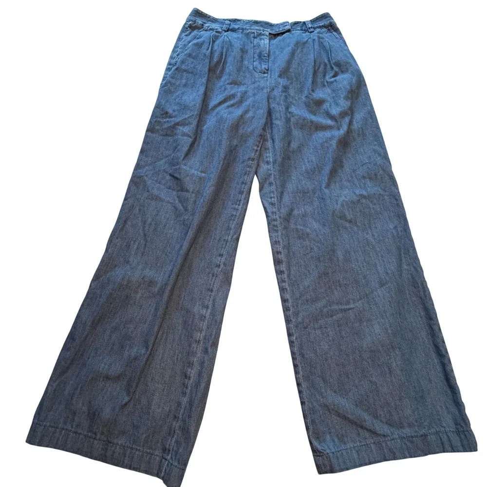 J McLaughlin Chambray Wide Leg Pants Womens Size 8 High Rise Pleated‎ Cotton